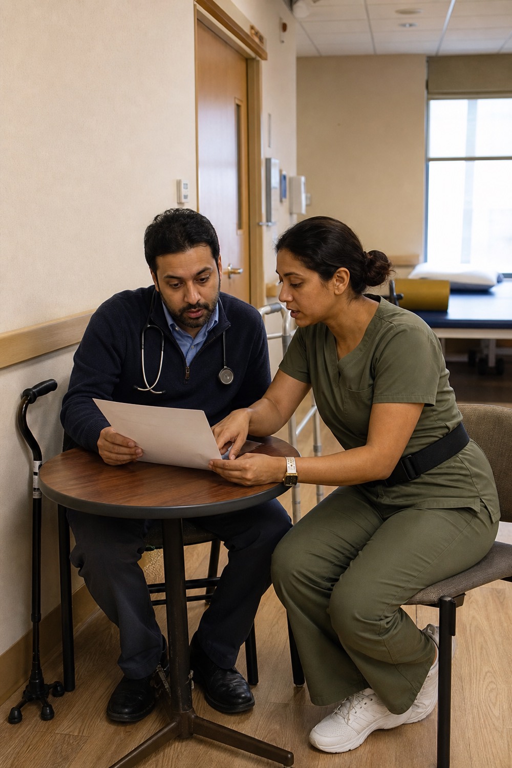 A physician and a nurse reviewing a printed note together at a small table in a therapy gym.