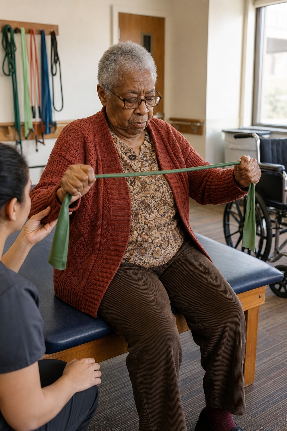 A resident seated on a therapy mat table pulling a resistance band, working with a therapist.