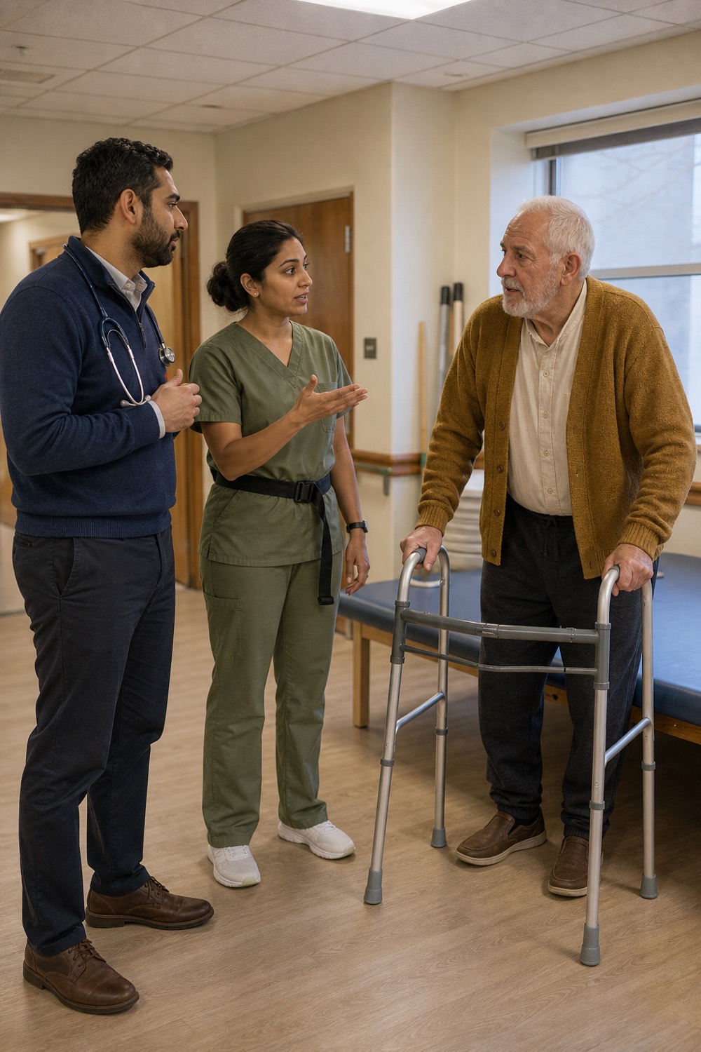 A physiatrist and a therapist talking beside a resident who is standing with a rolling walker in a facility corridor.