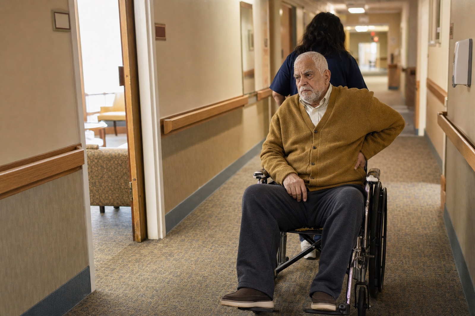 A resident in a wheelchair waiting in a facility doorway, holding his lower back.