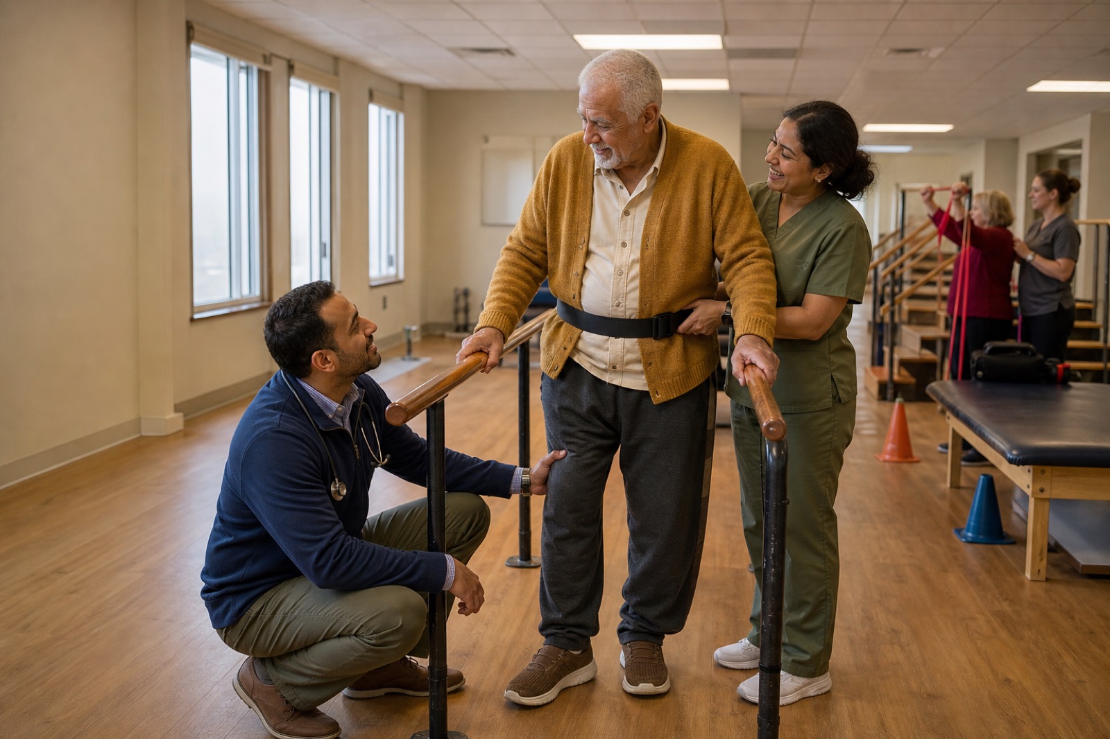 A resident walking between parallel bars in a therapy gym, a physiatrist crouched beside him and a therapist steadying his belt.