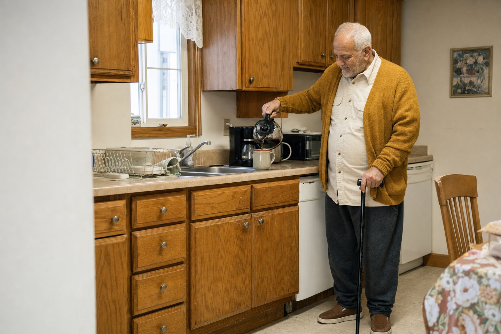 An older man making coffee in his own kitchen.
