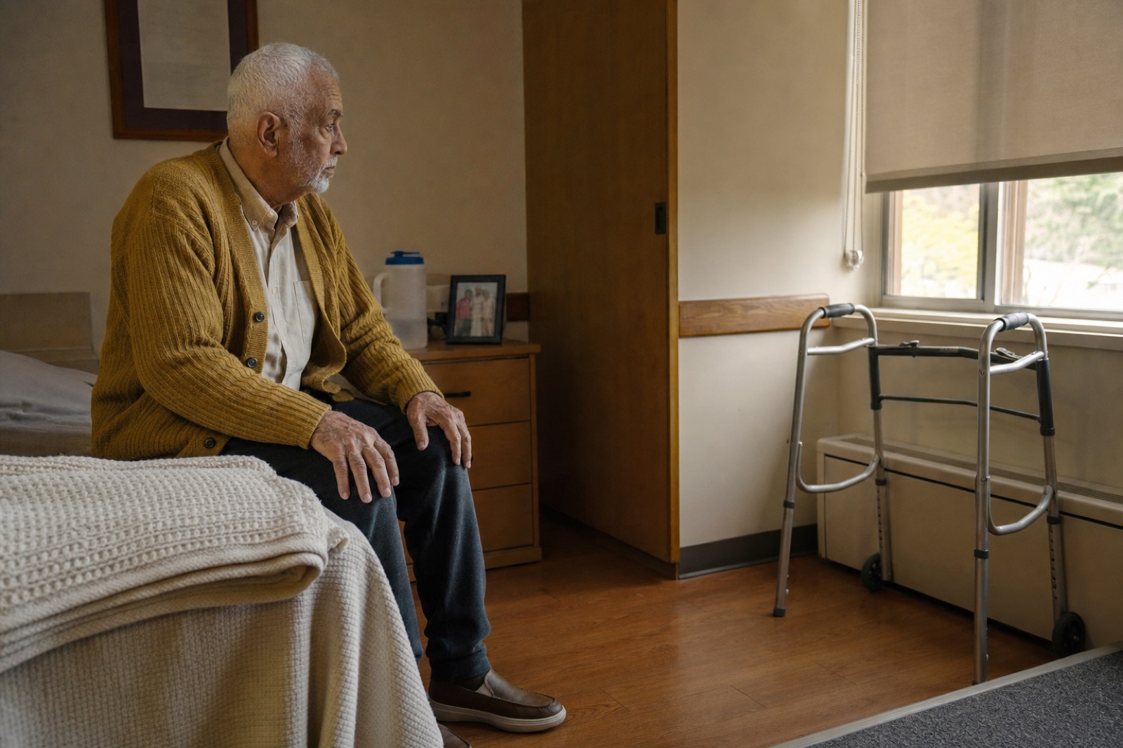 A resident sitting on the edge of his bed in a quiet room, an unused walker beside him.